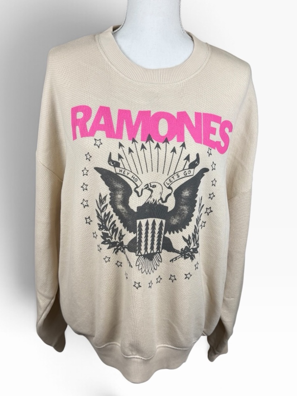 NWT Ramones Oversized Graphic Crewneck Sweater - Cream with Pink and Black Logo.